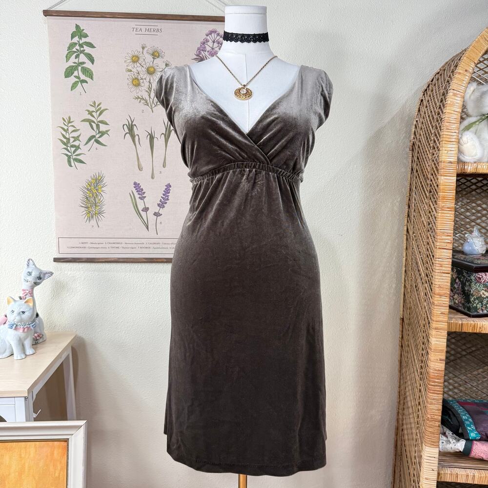 Vtg Y2k Velvet V-Neck Dress Whimsigoth Witchy Romantic Goth Forest Dark Fairy XL
